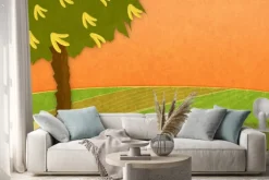 Naklejka: Banan banany drzewo na łące o zachodzie słońca. cartoon stylowe