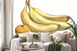 Naklejka: Banan, mandarynka i orzechy laskowe. akwarela