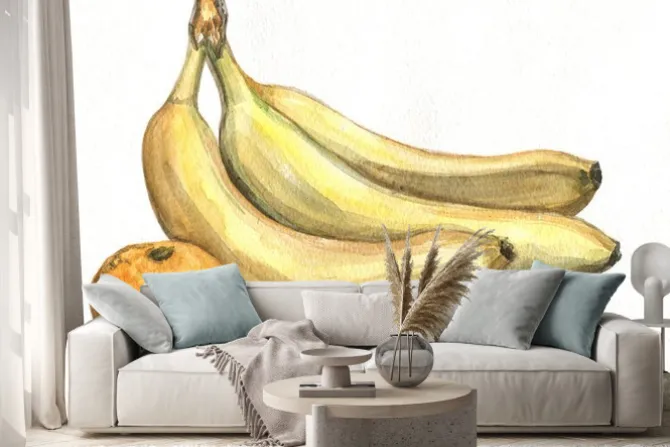 Naklejka: Banan, mandarynka i orzechy laskowe. akwarela