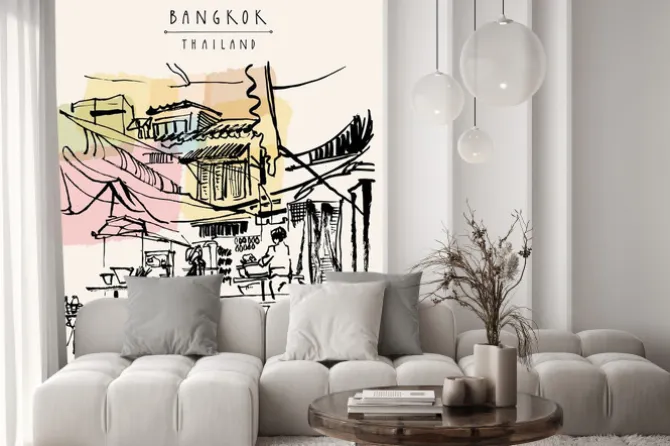 Naklejka: Bangkok, tajlandia ręcznie rysowane pocztówki