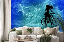 Naklejka: Beautiful girl silhouette and bicycle on fantasy sky stars. young