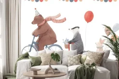 Naklejka: Beautiful image with cute hand drawn watercolor animals on bikes