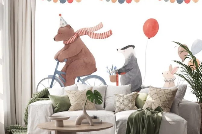 Naklejka: Beautiful image with cute hand drawn watercolor animals on bikes