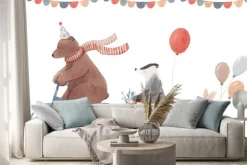 Naklejka: Beautiful image with cute hand drawn watercolor animals on bikes