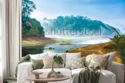 Naklejka: Beautiful landscape with wild forest and river with fog in india.