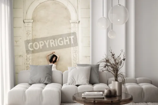 Naklejka: Beautiful sexy woman posing in a castle interior