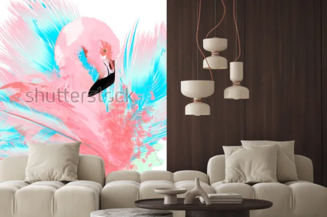 Naklejka: Beautiful vector illustration with drawn pink flamingo and blue