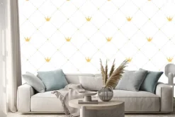 Naklejka: Bez szwu deseń w stylu retro ze złotą koroną i różowy kropki