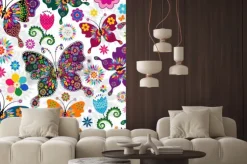 Naklejka: Bezproblemowa wiosna kwiatowy wzór z białego kolorowe motyle