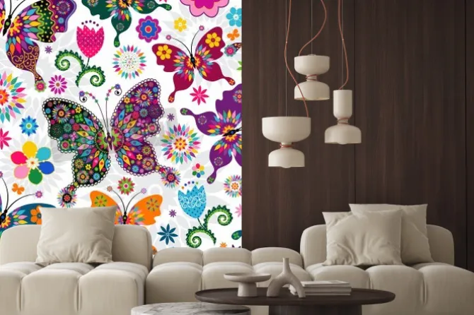 Naklejka: Bezproblemowa wiosna kwiatowy wzór z białego kolorowe motyle