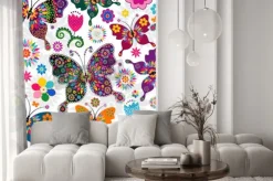 Naklejka: Bezproblemowa wiosna kwiatowy wzór z białego kolorowe motyle