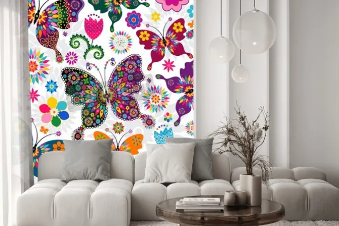 Naklejka: Bezproblemowa wiosna kwiatowy wzór z białego kolorowe motyle