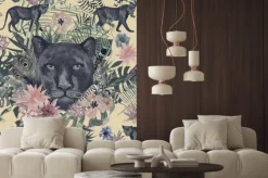 Naklejka: Bezszwowa ręka rysujący akwarela wzór z panterą, kwiaty, piórka,