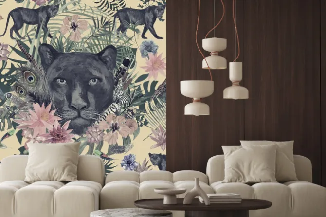 Naklejka: Bezszwowa ręka rysujący akwarela wzór z panterą, kwiaty, piórka,