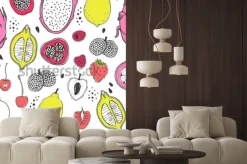 Naklejka: Bezszwowe charakter wzór z szkic owoców. żółta, różowa i czerwona