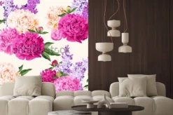Naklejka: Bezszwowe różnokolorowe piwonie i liliowy