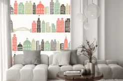 Naklejka: Bezszwowe tło z kolorowymi sylwetce miasta