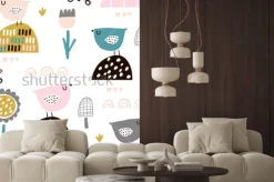 Naklejka: Bezszwowy dziecięcy wzór z czarodziejskimi kwiatami, ptakami,