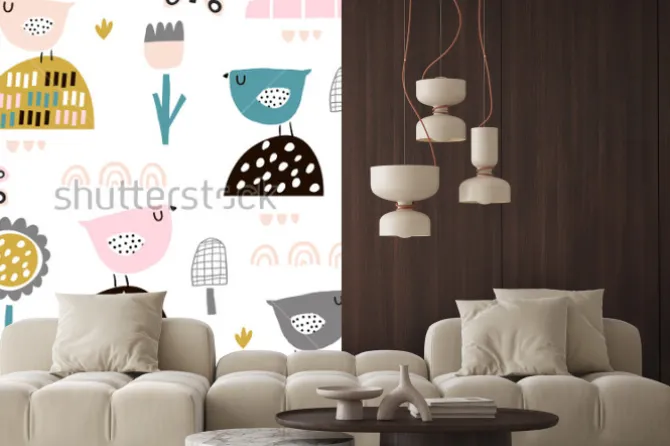 Naklejka: Bezszwowy dziecięcy wzór z czarodziejskimi kwiatami, ptakami,