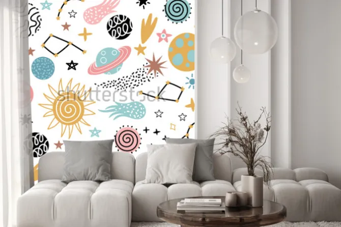 Naklejka: Bezszwowy galaktyka wzór z gwiazdozbiorami i planetami w doodle