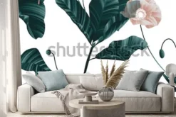 Naklejka: Bezszwowy wzór, brown maczek kwitnie z zielonymi liśćmi na białym