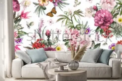 Naklejka: Bezszwowy wzór z kwiatami i egzotycznymi liśćmi na białym tle.