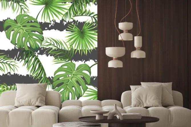 Naklejka: Bezszwowy wzór z lampasami i liśćmi drzewka palmowe