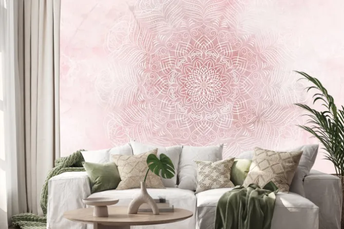 Naklejka: Biała mandala na nieostrym różowym tle
