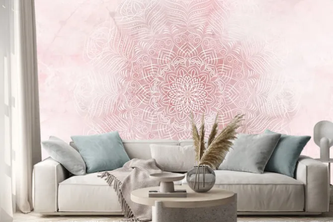 Naklejka: Biała mandala na nieostrym różowym tle