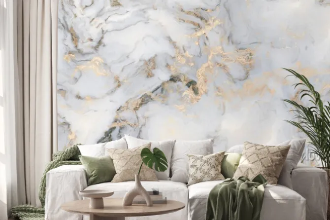 Naklejka: Biała tekstura marmuru ze złotem nowoczesny wzór