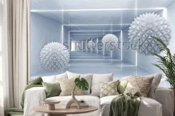 Naklejka: Białe geometryczne kule w futurystycznym tunelu 3d