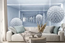 Naklejka: Białe geometryczne kule w futurystycznym tunelu 3d