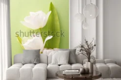 Naklejka: Białe tulipany na zielonym tle