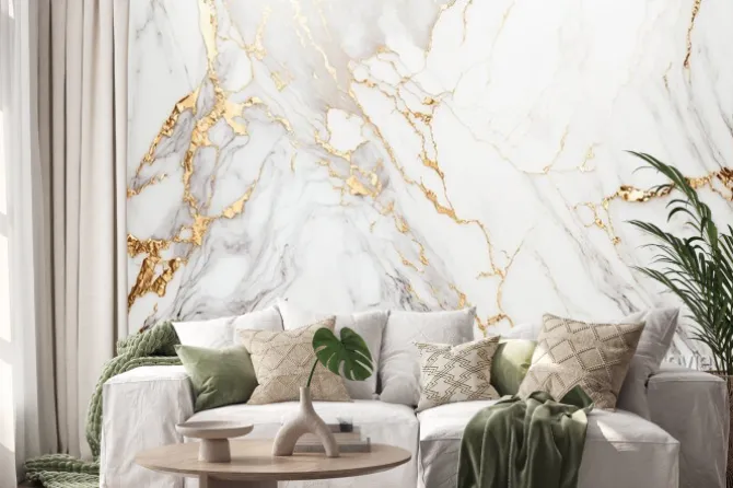 Naklejka: Biało złoty marmur luksusowy kamień