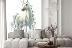 Naklejka: Biały jednorożec z bujną grzywą i długim ogonem