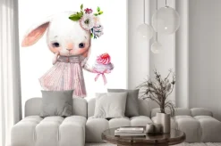 Naklejka: Biały króliczek z babeczką i kwiatami we włosach