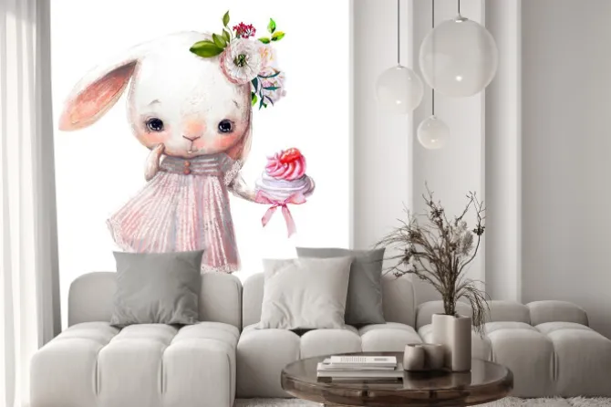 Naklejka: Biały króliczek z babeczką i kwiatami we włosach