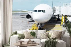 Naklejka: Biały samolot na płycie lotniska w nieba