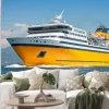 Naklejka: Big yellow passenger ferry goes on the sea