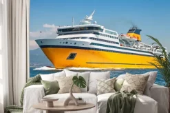 Naklejka: Big yellow passenger ferry goes on the sea