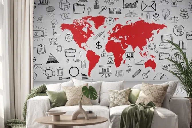 Naklejka: Biznes symbole wand mit weltkarte