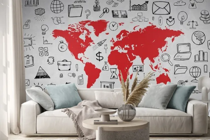 Naklejka: Biznes symbole wand mit weltkarte