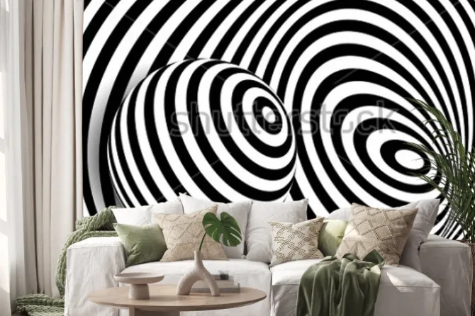 Naklejka: Black white 3d line distortion illusion design. vector monochrome