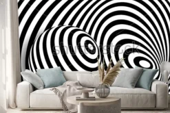 Naklejka: Black white 3d line distortion illusion design. vector monochrome