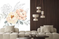 Naklejka: Blush kremowe kwiaty piwonii i szare liście z elementami graficznymi.