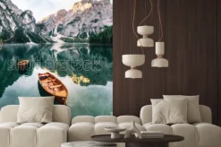 Naklejka: Boats and slip construction in braies lake with crystal water