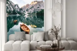 Naklejka: Boats and slip construction in braies lake with crystal water