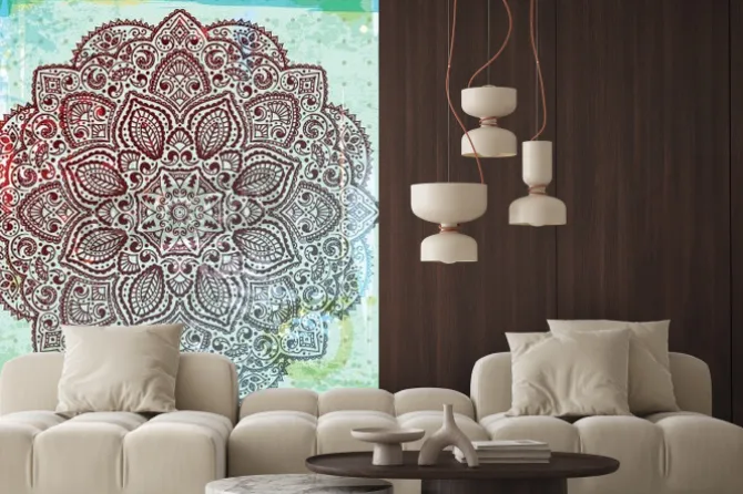 Naklejka: Bordowa mandala na niebieskim tle