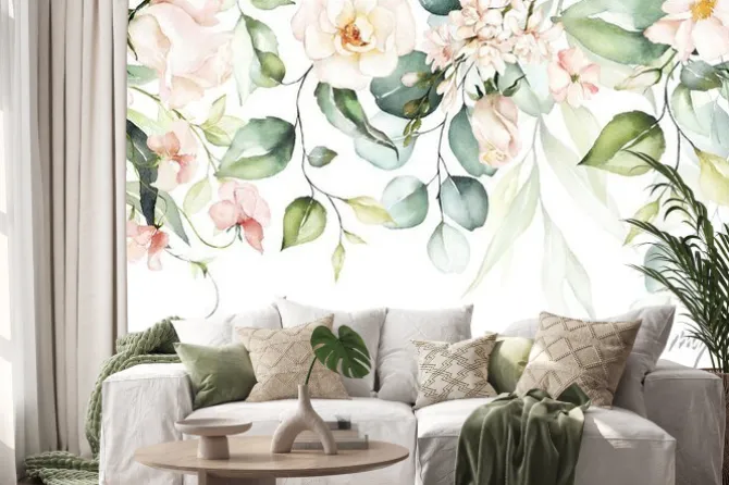 Naklejka: Botaniczny wzór z akwarelowymi kwiatami wśród zielonych liści