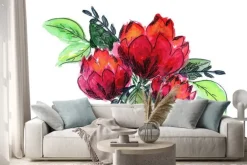 Naklejka: Bright watercolor red and green floral bouquet. color painting